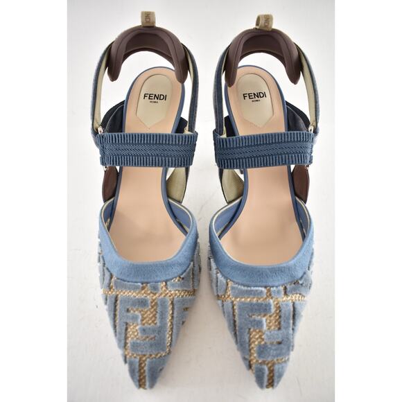 Fendi Colibri Lite 85 Blue Velvet Beige FF Logo Pointed Slingback Heel Pump 38.5 - Picture 7 of 14